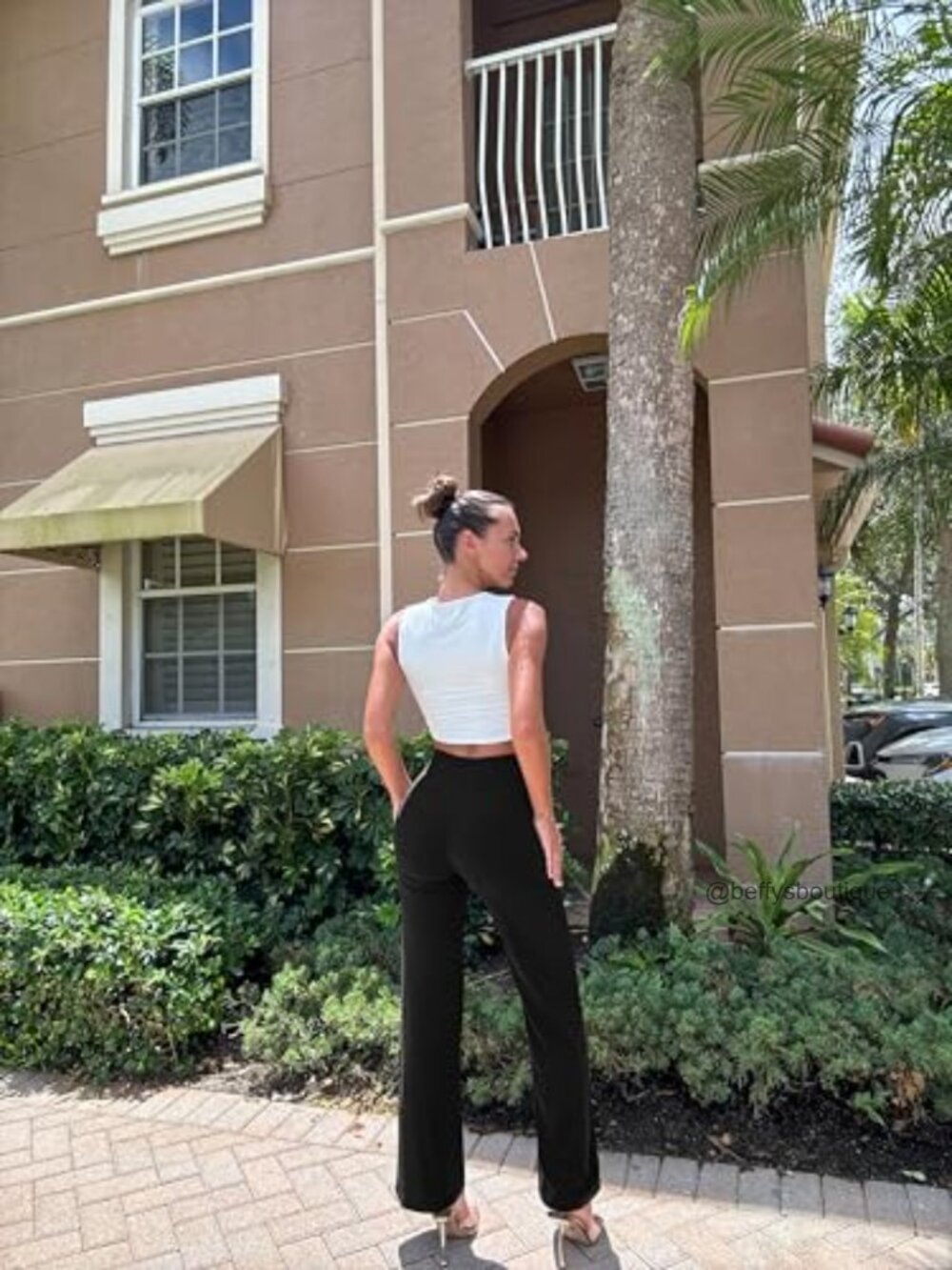 High Waist Wide Leg Pants, Stretch Nylon, Casual Workout Wear - Picture 5 of 6